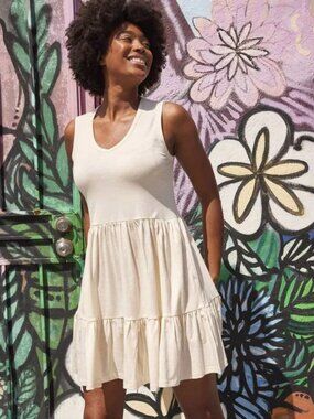 Minimalist Coastal Soft Granola Girl Boho Toad&Co Cream Tiered Mini Dress Large
